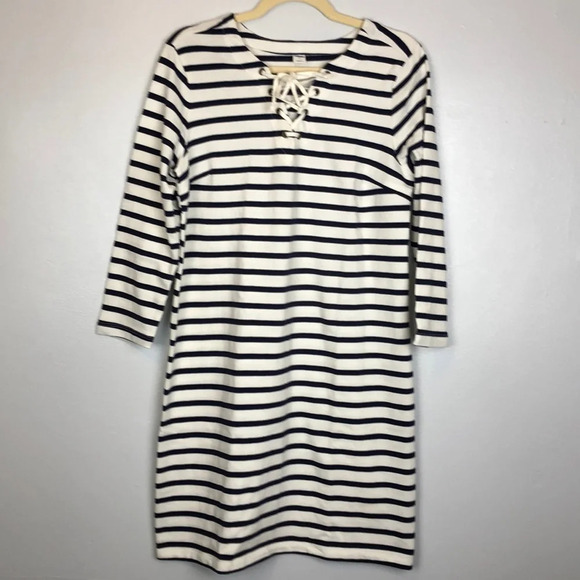 Old Navy NWT Women’s M Striped Drawstring Tie Neckline Quarter Sleeve Dress - Picture 1 of 6